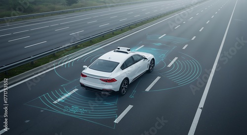 Autonomous self driving car navigating a highway with sensor data visualization