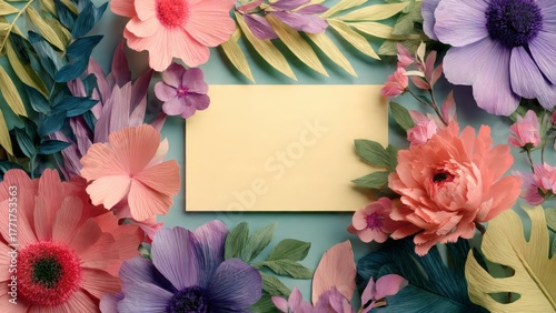 Creative Layout Made of Flowers and Leaves with Blank Note, Botanical Design and Natural Stationery Concept Green Background