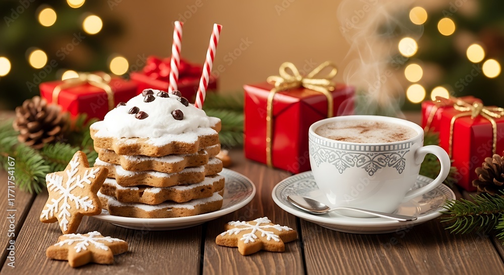 Fototapeta premium Warm holiday cheer with steaming cocoa and festive star cookies, surrounded by gifts