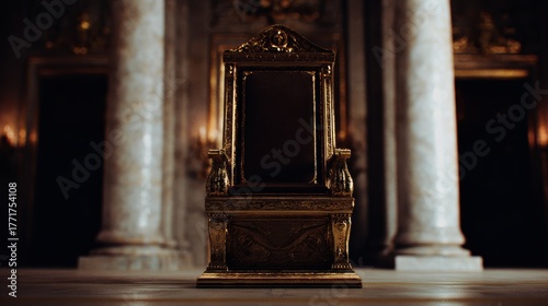 throne. Empty ornate throne in grand hall with soft side lighting and shallow depth of field. real-estate listings.