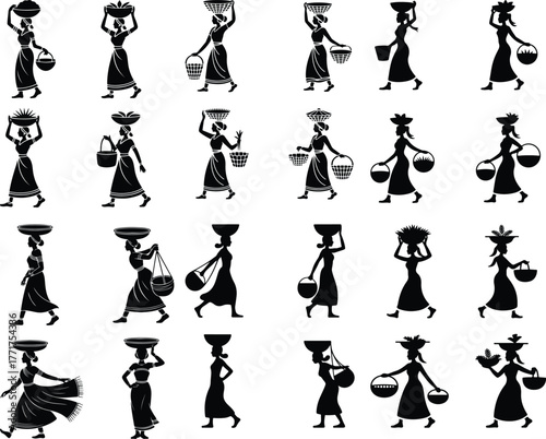 Woman Carrying Basket on Head Icon Set – Traditional Lifestyle Silhouette Rural Woman with Basket Illustration – Cultural Heritage Icon Collection