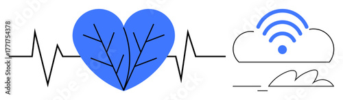Heartbeat line connecting a blue leaf-heart symbol and a cloud with a wireless connection icon. Ideal for health, technology, connectivity, eco-health, remote monitoring, telemedicine, data sharing
