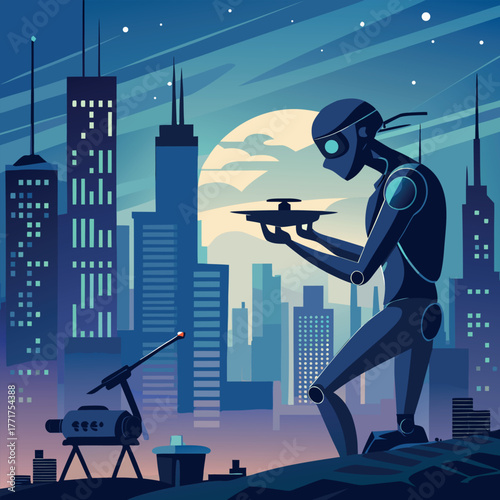 Silhouette of a humanoid robot repairing a flying drone under city lights