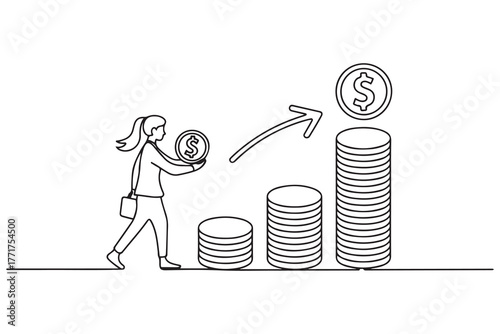 Drawing of businesswoman carrying money coin start step on compound money stack start invest. one line Icon drawing with white background