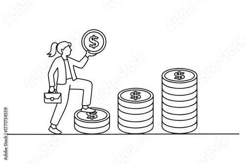 Drawing of businesswoman carrying money coin start step on compound money stack start invest. one line Icon drawing with white background