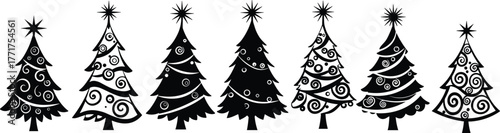 Christmas tree silhouette vector illustration, festive holiday artwork, seasonal decoration design, whimsical winter celebration graphic, star ornament pattern, cad drawing flat vector illustration