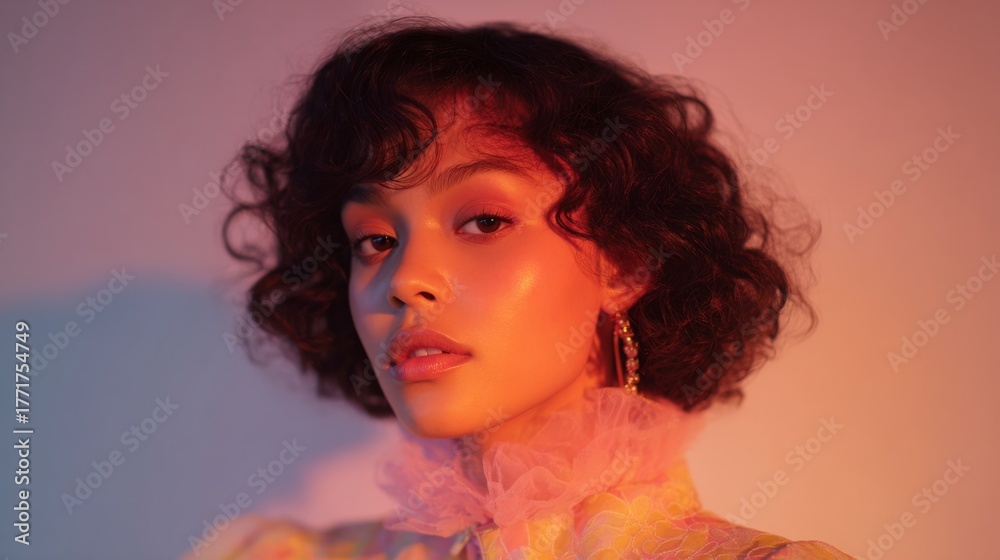 Fototapeta premium Stunning Portrait of a Young Woman with Curly Hair Against a Soft Gradient Background Highlighting Beauty and Fashion Trends in Modern Photography