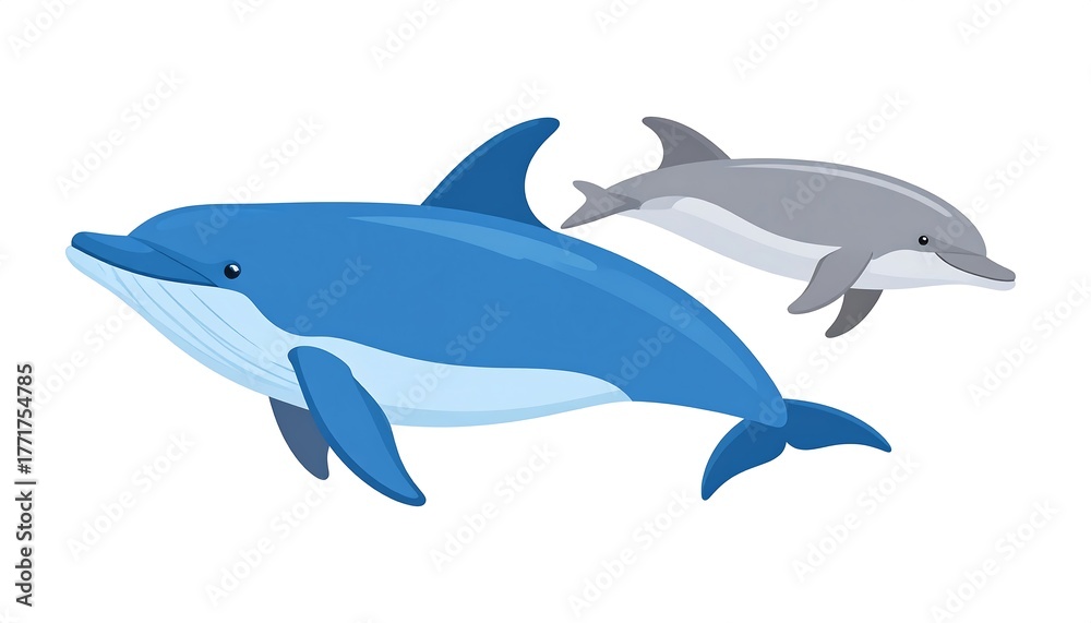 Fototapeta premium A cartoon depiction of two playful dolphins, one blue and one gray, isolated against a white background