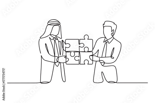 Drawing of arab businessman with friend connecting the puzzle. one line Icon drawing with white background