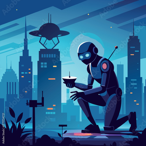 Silhouette of a humanoid robot repairing a flying drone under city lights