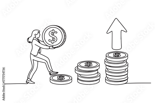 Drawing of businesswoman carrying money coin start step on compound money stack start invest. one line Icon drawing with white background