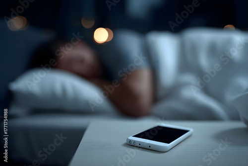 Man sleeping in bed with smartphone on nightstand at night  