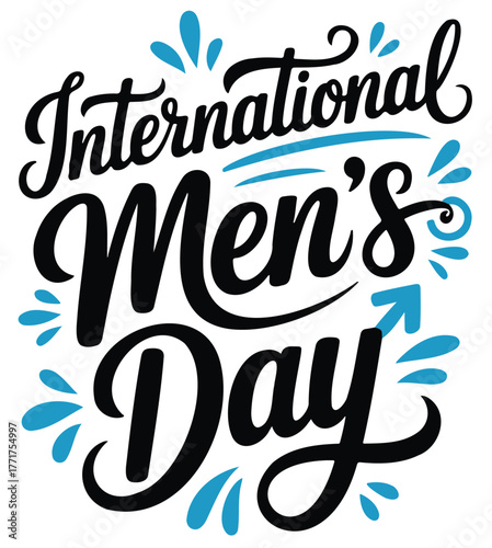 International Men's Day handwritten calligraphy with blue water splashes and a male symbol.