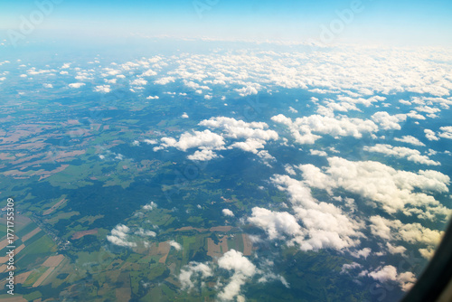 Scenic aerial view of countryside with clouds and sky