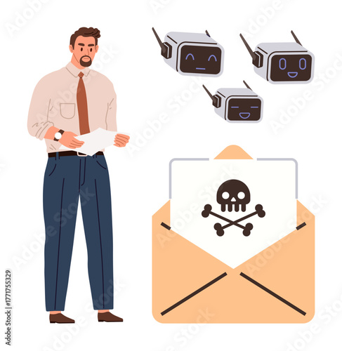 Man reviews paper next to robots above envelope with skull signifying malware. Ideal for cybersecurity, phishing, hacking, digital threats, IT alerts, online safety, simple flat metaphor