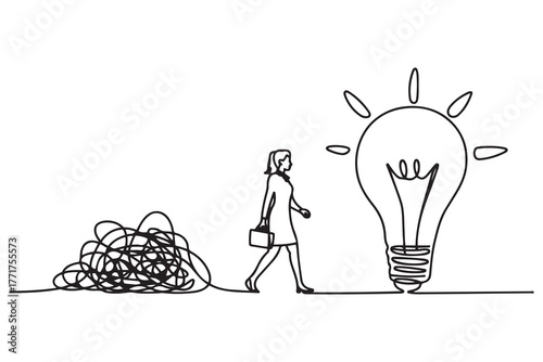Drawing of smart businesswoman walking away from mess chaos line to simple lightbulb idea. one line Icon drawing with white background