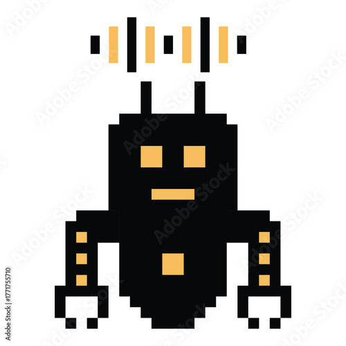 Cartoon pixel art humanoid robot learning toy robotic engineer bot machine business vector character automation electronic background 8 bit artificial intelligence design.
