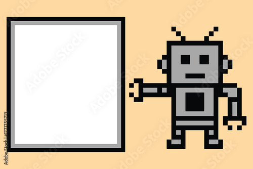 Cartoon pixel art humanoid robot learning toy robotic engineer bot machine business vector character automation electronic background 8 bit artificial intelligence design.