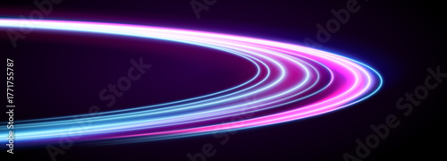 Vector dark blue abstract background with ultraviolet neon glow, blurry light lines, waves. High speed effect motion blur night lights blue and red. Magic shining neon light line trails.