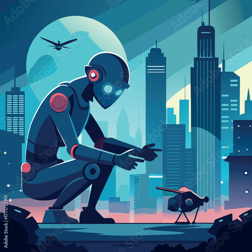 Silhouette of a humanoid robot repairing a flying drone under city lights