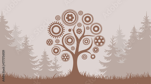 Tree with gear leaves in steampunk style on misty forest background