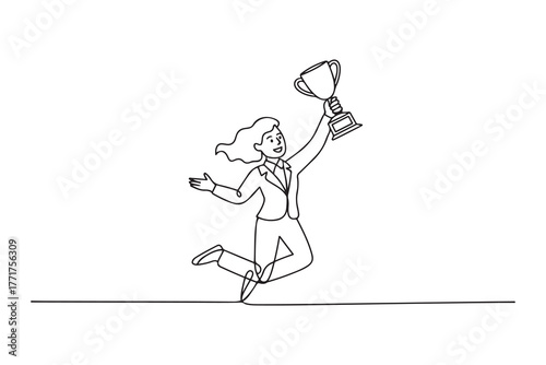 Cartoon of businesswoman jumps in the air with trophy cup in the hand getting recognition. one line Icon drawing with white background