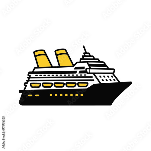 Stylized illustration of a large black and yellow ocean liner ship