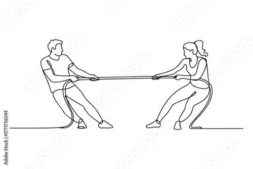 Drawing of Tug of war. Man and woman are pulling rope. one line Icon drawing with white background