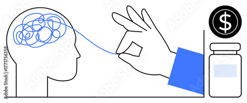 Hand untangling a brains confusion, dollar sign, and pharmaceutical bottle. Ideal for therapy, mental health, wellbeing, stress relief, medication, financial aid simple flat metaphor