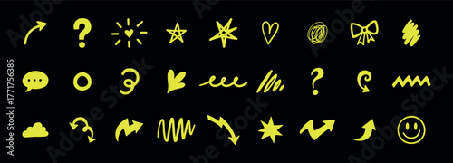 Collection of yellow hand drawn doodle icons and symbols on a black background, including arrows, question marks, stars, hearts, and smiley faces