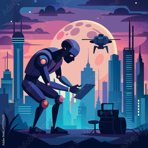 Silhouette of a humanoid robot repairing a flying drone under city lights