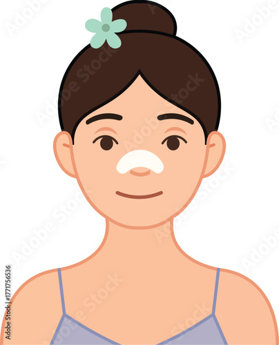 “Smiling woman with nose pore strip, skincare routine illustration”
