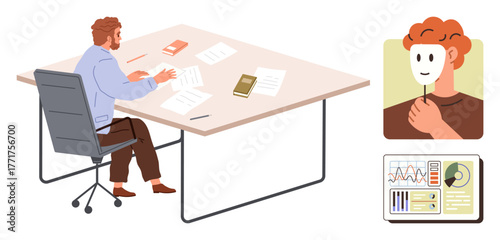 Man reading papers at desk, mask in hand symbolizing hidden identity, business charts illustrating data. Ideal for workplace integrity, fraud, anonymity, self-discovery, analysis, corporate strategy