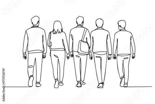 Drawing of rear view of a group of university students walking away. one line Icon drawing with white background