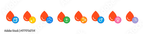  Blood Test Parameters Icons Set. Minimal Vector Collection of Blood Drops with Medical Blood Markers Representing Hemoglobin, Gender, and Time Indicators.