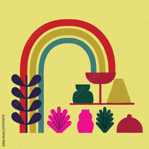 Colorful abstract still life with rainbow arch and decorative vases
