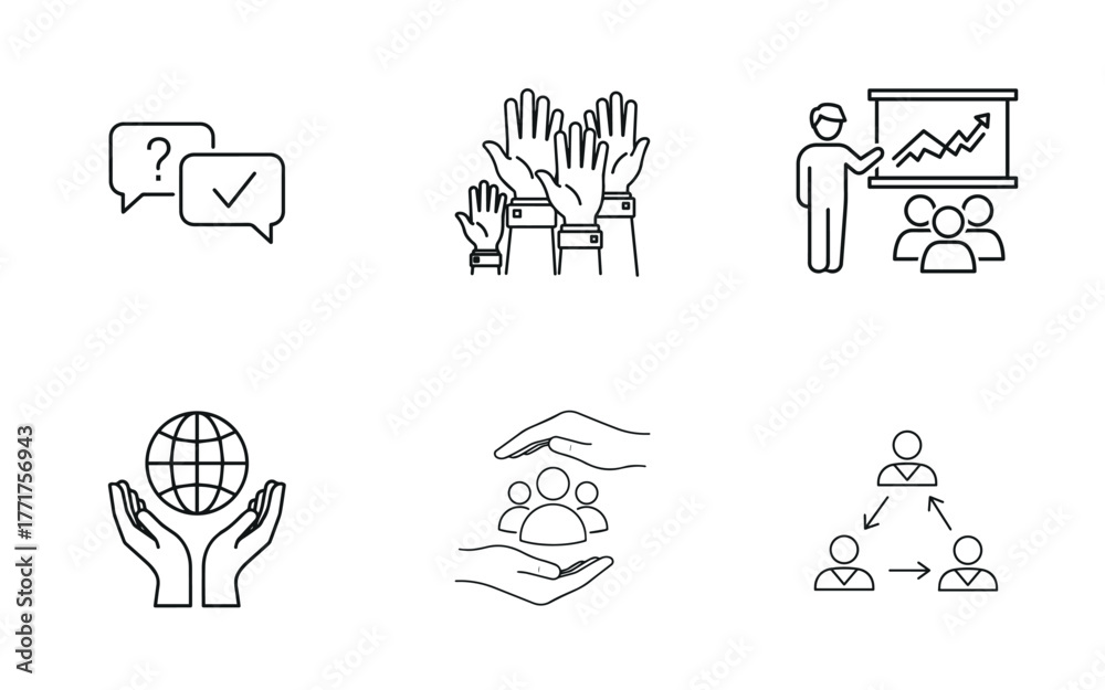 Fototapeta premium Complete Service, Support & Global Management Icon Set: Quality Assurance, Technical Help, Training, and Collaboration Vector