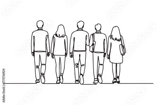 Drawing of rear view of a group of university students walking away. one line Icon drawing with white background