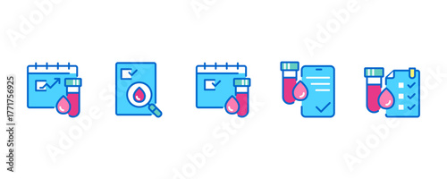 Blood Test Schedule Icons Set. Minimal Linear Vector Illustrations Featuring Blood Test Calendar, Blood Drop, and Tube for Health Check, Laboratory Analysis, and Medical Blood Test Planning.