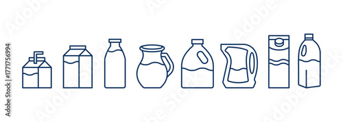 Milk Packaging Icons Set. Linear Vector Collection of Dairy Containers Including Glass Bottle, Carton, Jug, Pouch, and Eco Box for Fresh Liquid Products.