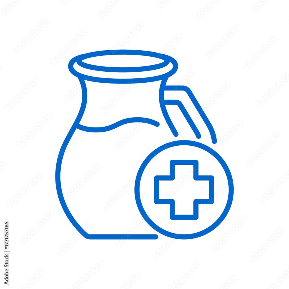 Obraz premium Sterilized Milk Icon. Thin Line Symbol of Dairy Jug with Medical Cross Symbol Representing Heat-Treated, Safe, and Long-Life Milk Product for Healthy Nutrition.