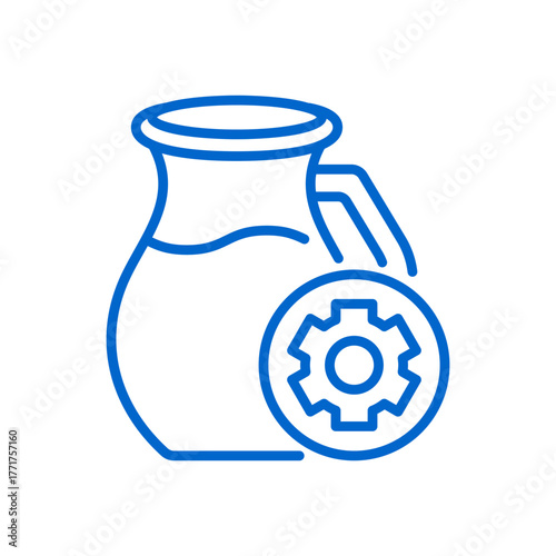 Processed Milk Icon. Linear Outline Sign of Dairy Jug with Gear Symbol Representing Industrial Production, Homogenization, and Modern Dairy Processing.