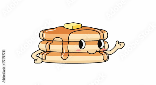 Adorable cartoon pancake character giving a friendly thumbs up and a welcoming gesture, perfect for food branding and cheerful designs.