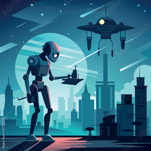 Silhouette of a humanoid robot repairing a flying drone under city lights