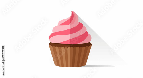 Delightful pink frosted cupcake with brown wrapper casting a subtle shadow, perfect for sweet treat promotions.