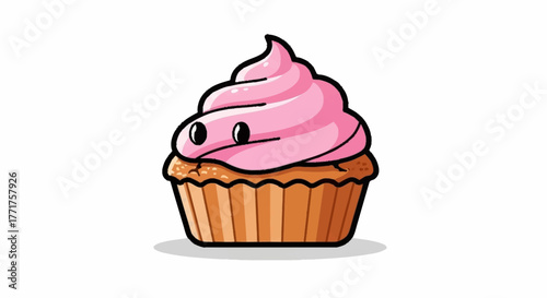Adorable cartoon cupcake with sweet pink frosting and a playful, curious expression, perfect for fun food branding and children's themes