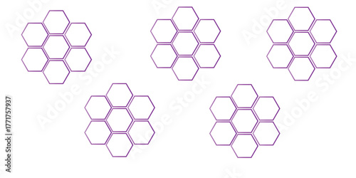 Abstract geometric pattern of interconnected purple hexagons arranged in clusters on a white background, representing structure, innovation, and futuristic digital design.