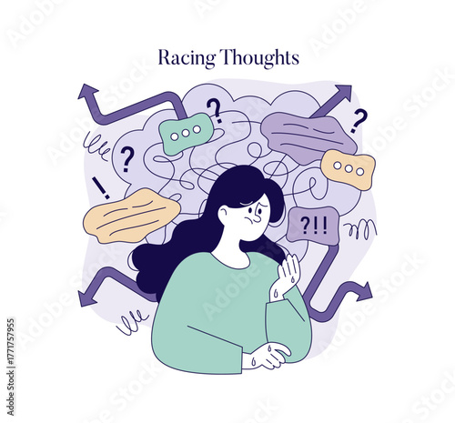 Woman Experiencing Racing Thoughts Vector Illustration