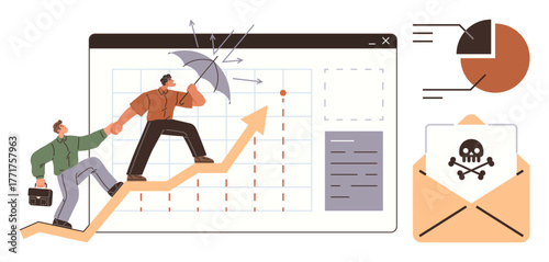 Two businesspeople climbing a growth arrow with an umbrella deflecting threats, a pie chart, and a malware envelope. Ideal for teamwork, risk management, cybersecurity, growth, leadership, strategy