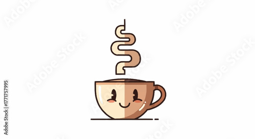 Whimsical steaming coffee cup with a cheerful face brings warmth and joy to your morning routine or cafe branding needs.
